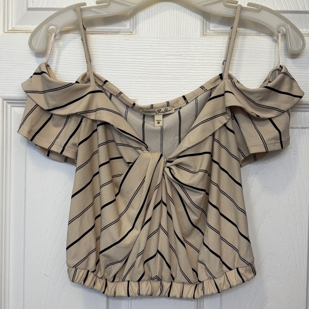 NEW Express Crop Top Off Shoulder Thin Strap Striped Blouse Black White Small